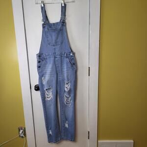 Pepe revolution women's fashion jean bib overalls in a light blue distressed LG